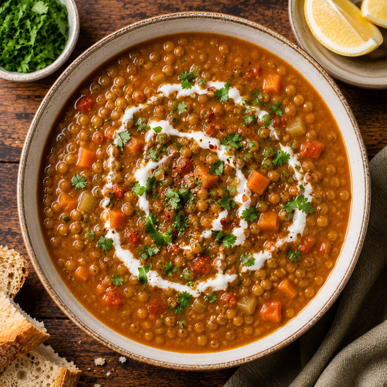 Hearty lentil soup in a ceramic bowl with carrots, celery, herbs, olive oil swirl, and crusty bread on the side