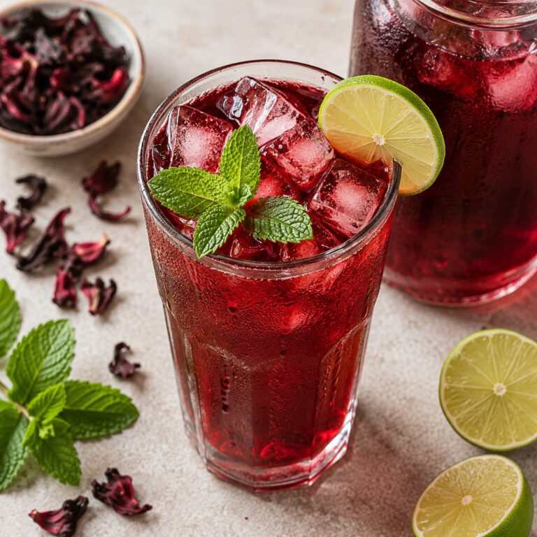 Ruby red hibiscus iced tea in a tall glass with ice cubes, fresh mint, and a lime slice