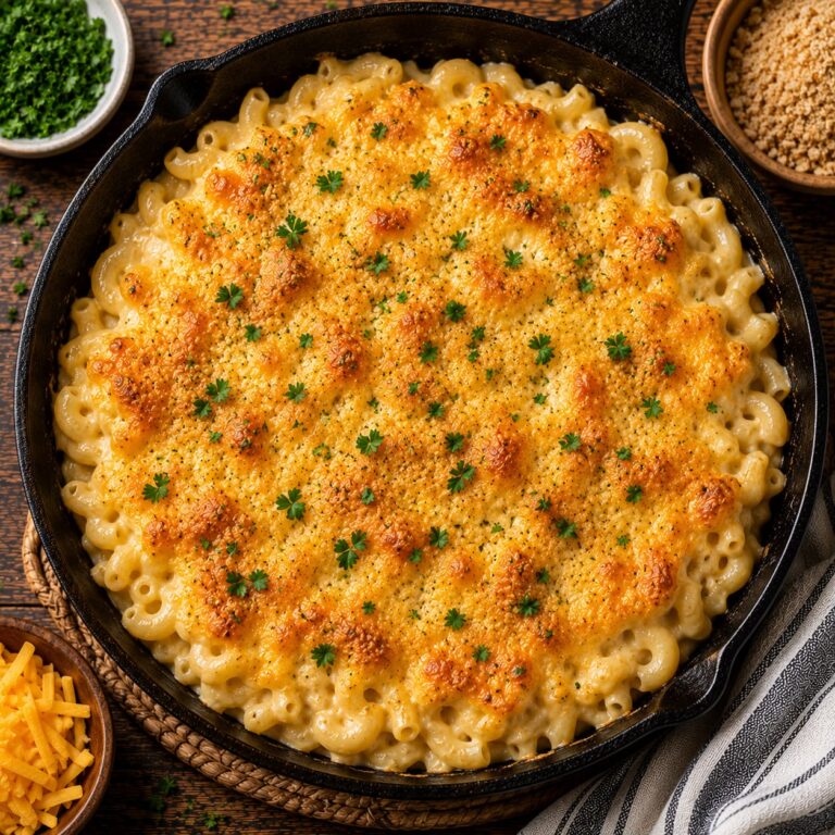 Homemade mac and cheese in a cast iron skillet with creamy three-cheese sauce and crispy breadcrumb top