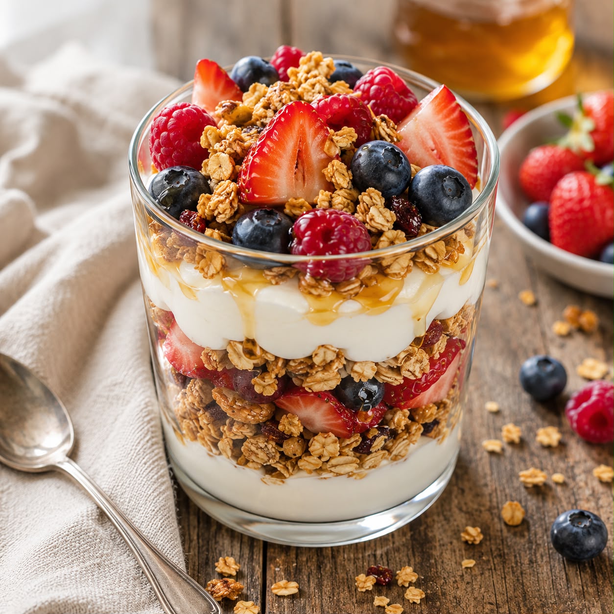 Layered honey granola parfait in a glass with Greek yogurt, fresh berries, and drizzle of honey