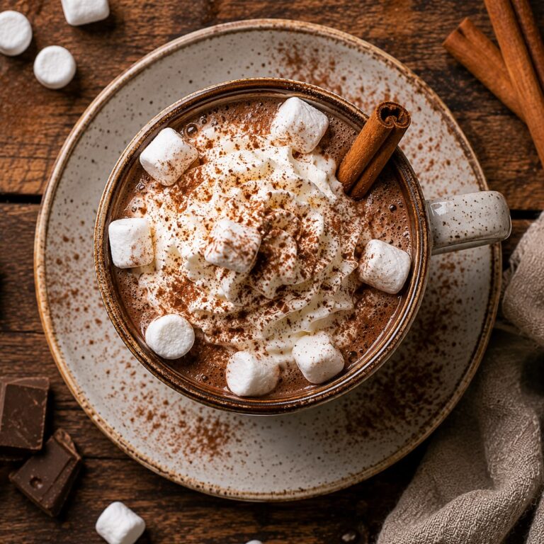 Rich hot chocolate in a ceramic mug topped with whipped cream, marshmallows, and a cinnamon stick