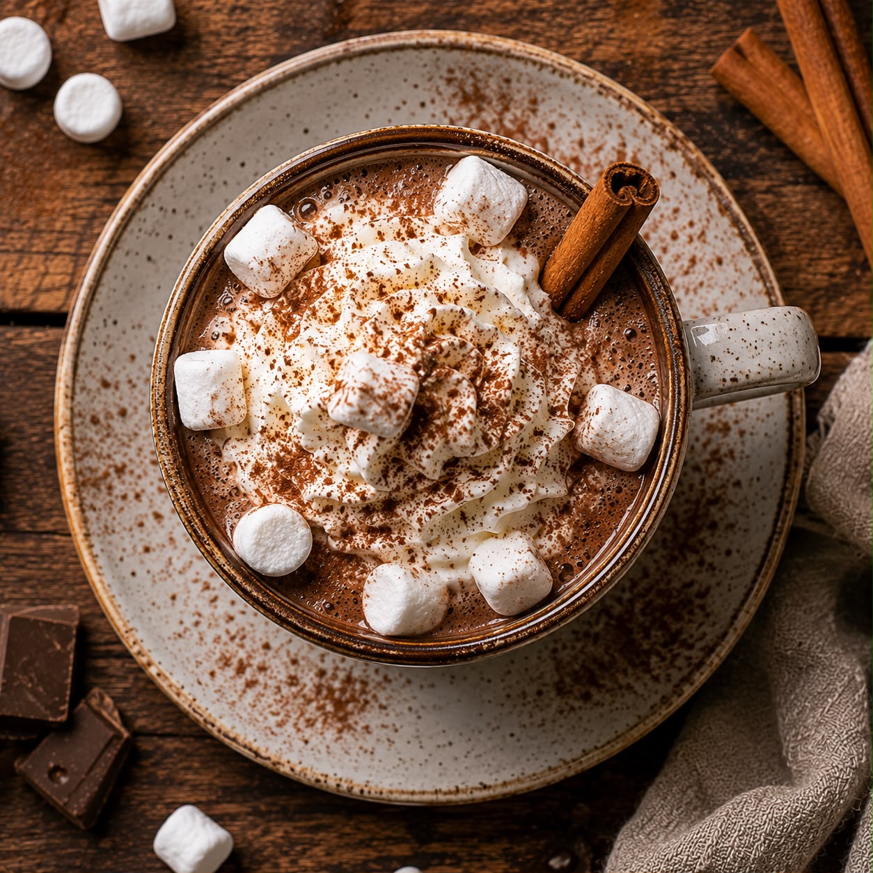 Rich hot chocolate in a ceramic mug topped with whipped cream, marshmallows, and a cinnamon stick