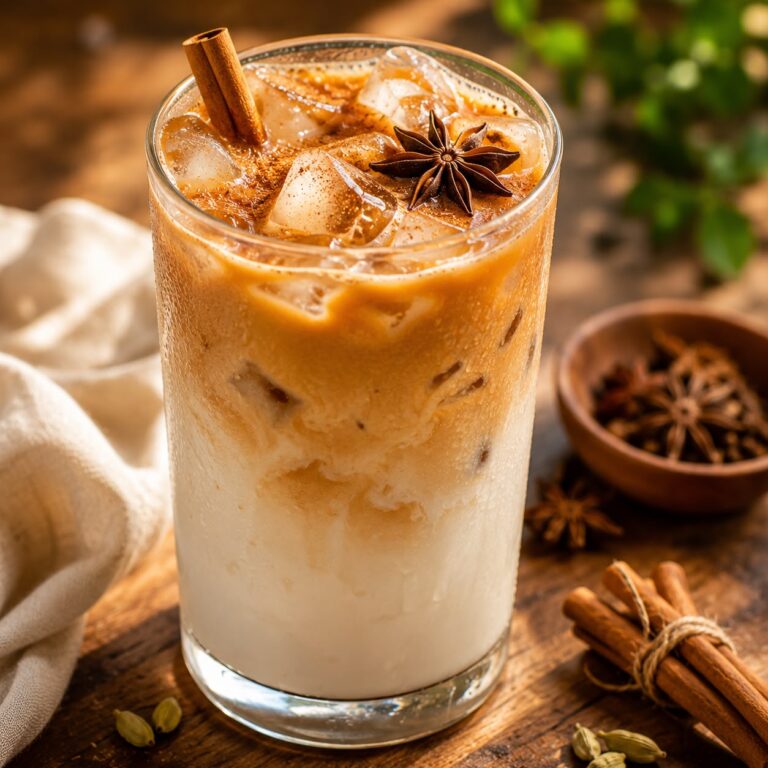 Tall glass of iced chai latte with layers of spiced tea and milk, ice cubes, and a cinnamon stick garnish
