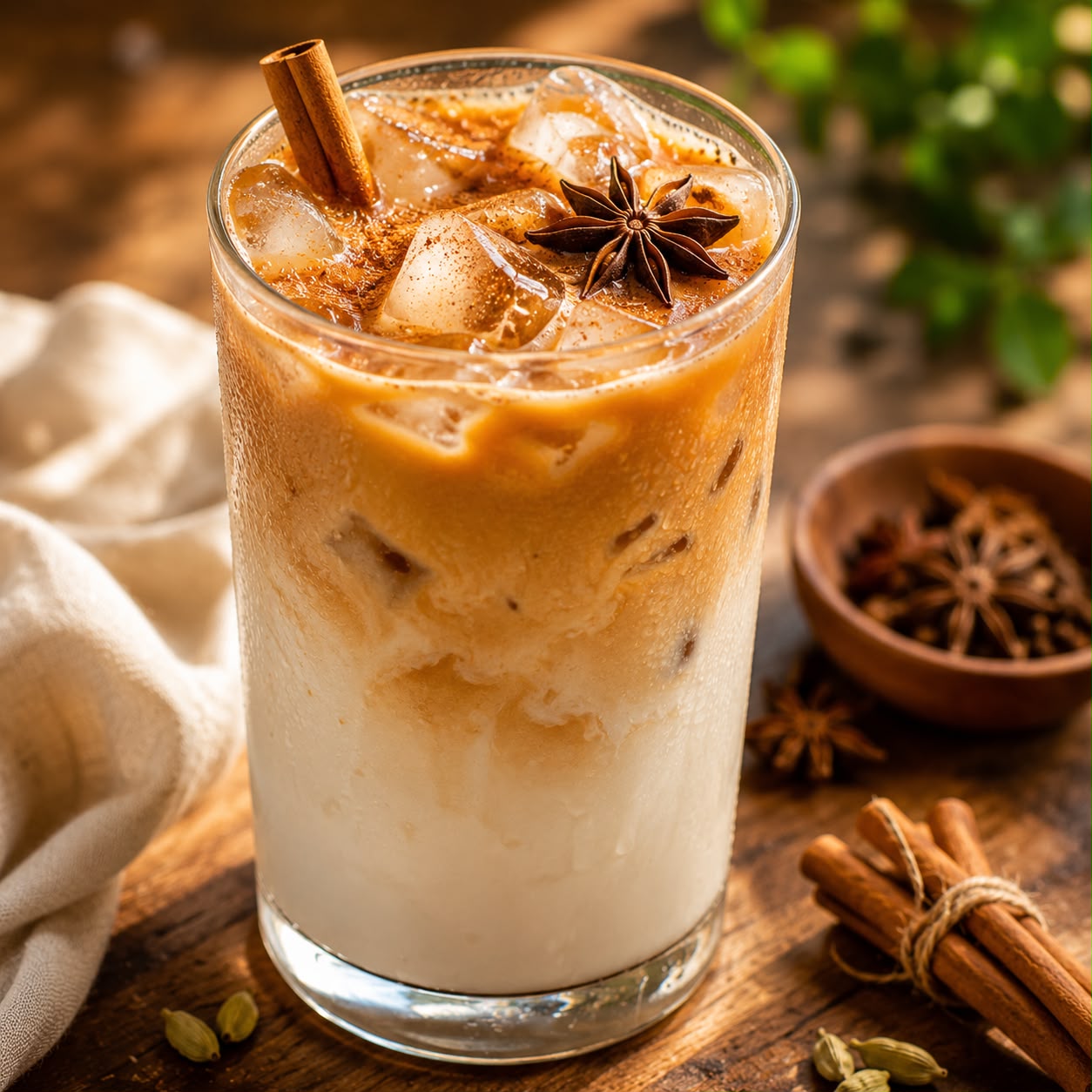 Tall glass of iced chai latte with layers of spiced tea and milk, ice cubes, and a cinnamon stick garnish