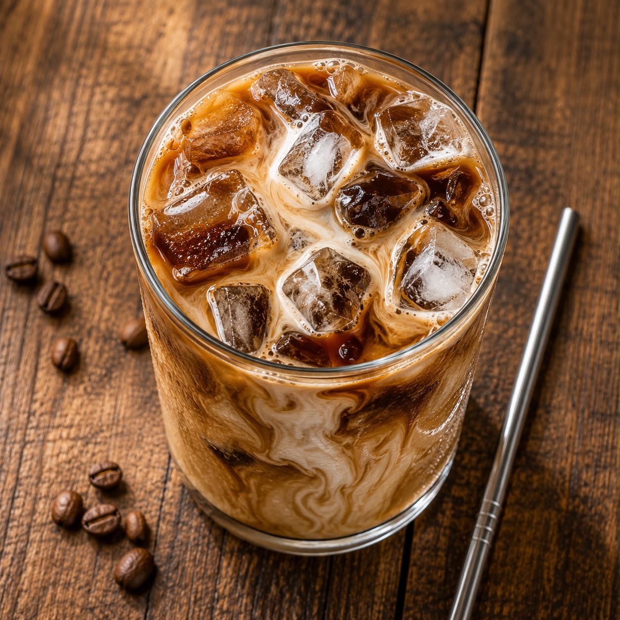 Tall glass of iced coffee with milk swirls, ice cubes, and a metal straw on a wooden table