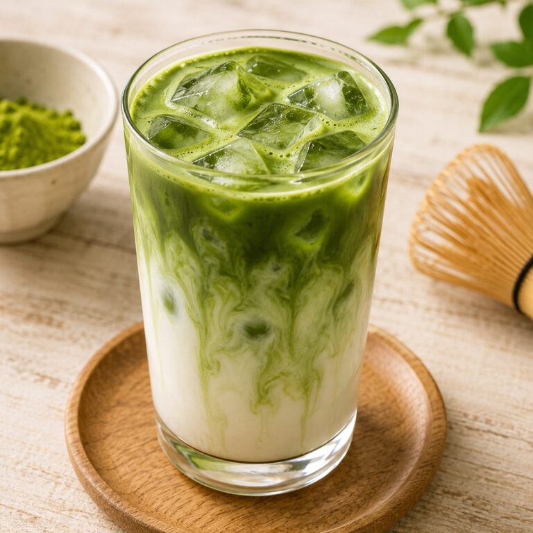 Iced matcha latte in a clear glass with vibrant green matcha swirling into creamy milk over ice cubes, on a round wooden saucer