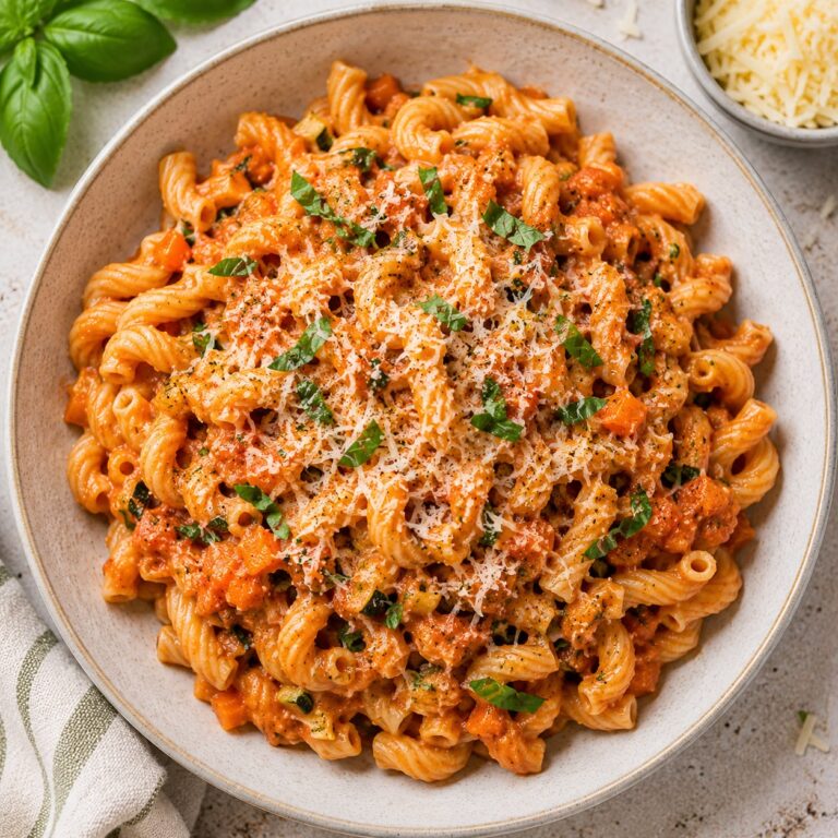 Kid-approved hidden veggie pasta with colourful pasta and smooth blended tomato sauce with parmesan