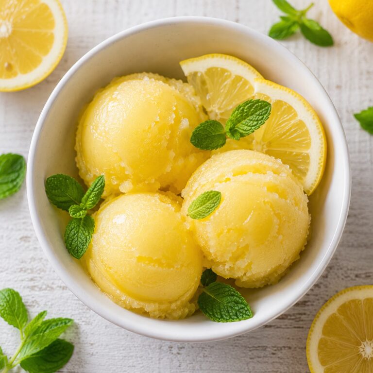 Bright lemon sorbet scoops in a white bowl with fresh lemon slices and mint leaves