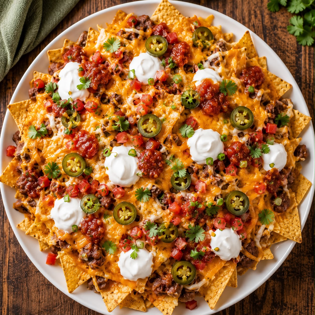 Platter of loaded nachos topped with melted cheese, refried beans, salsa, sour cream, and jalapeños