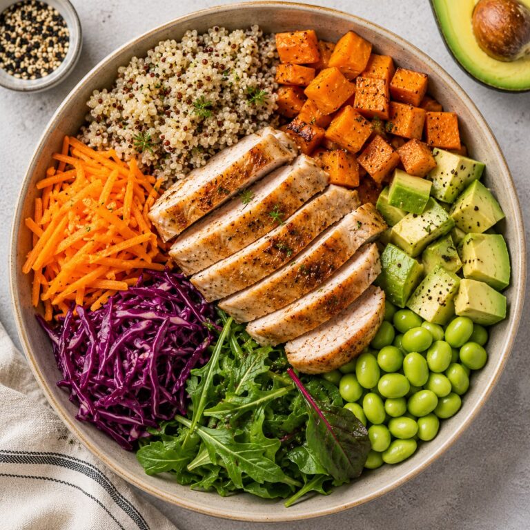 Low-calorie chicken Buddha bowl with sliced chicken, quinoa, sweet potato, avocado, edamame, and greens