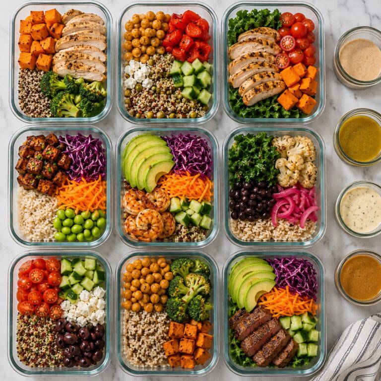 Meal prep Buddha bowls in glass containers with neatly arranged grains, roasted veggies, protein, greens, and dressing
