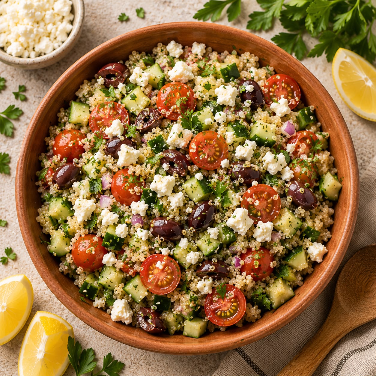 Mediterranean quinoa salad with cucumber, cherry tomatoes, Kalamata olives, red onion, and feta cheese in a wooden bowl