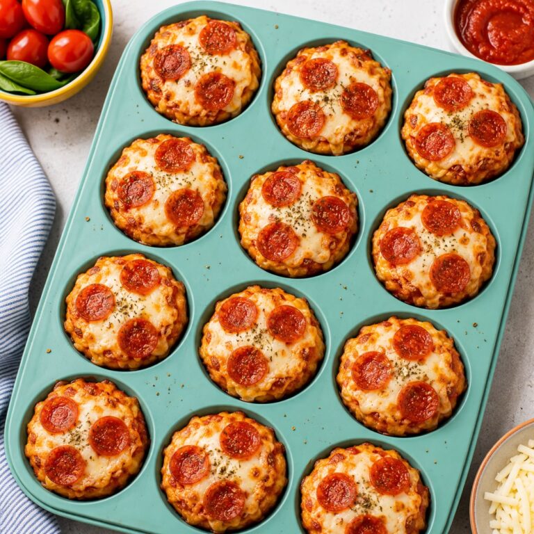 Mini pizza muffins in a silicone tray with golden tops, melted mozzarella, and pepperoni