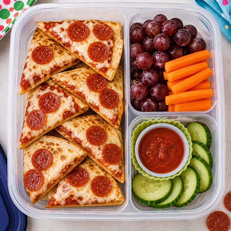 Mini pizza quesadillas cut into triangles with crispy tortillas, pizza sauce, melted mozzarella, pepperoni