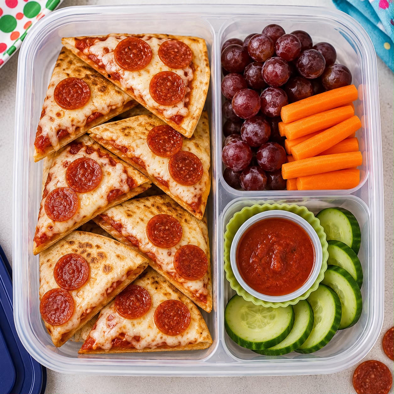 Mini pizza quesadillas cut into triangles with crispy tortillas, pizza sauce, melted mozzarella, pepperoni
