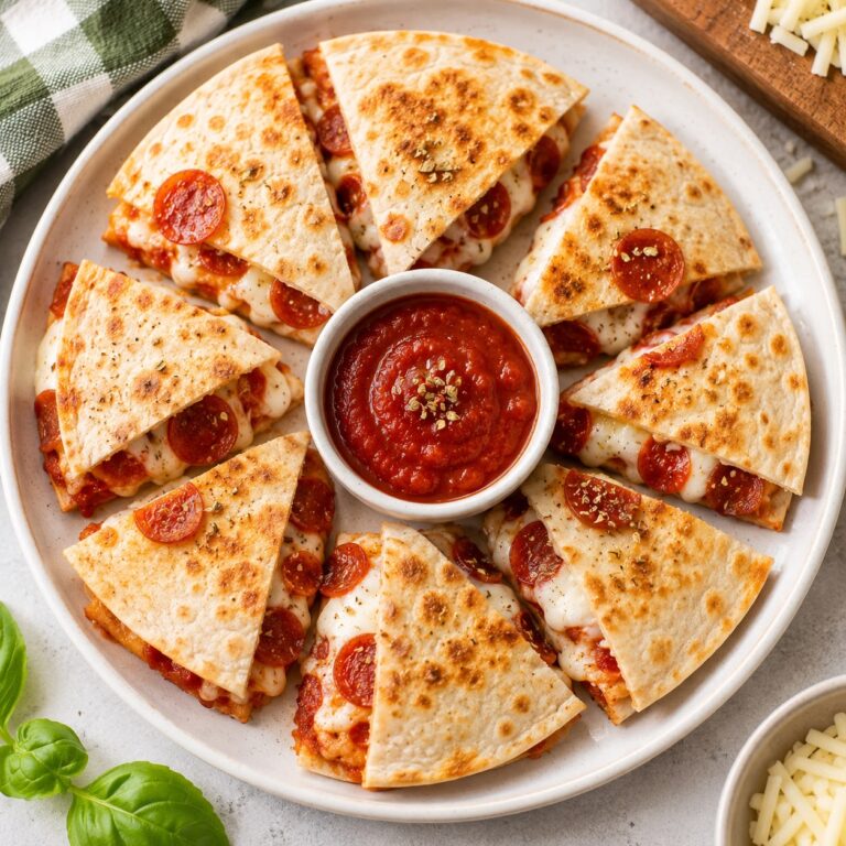 Mini pizza quesadillas cut into wedges showing melted mozzarella, pepperoni, and pizza sauce on a plate