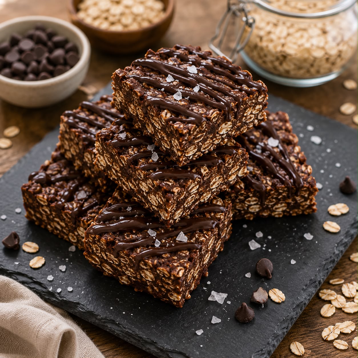 Stack of no-bake chocolate oat bars drizzled with melted dark chocolate and sprinkled with flaky sea salt on a dark slate board