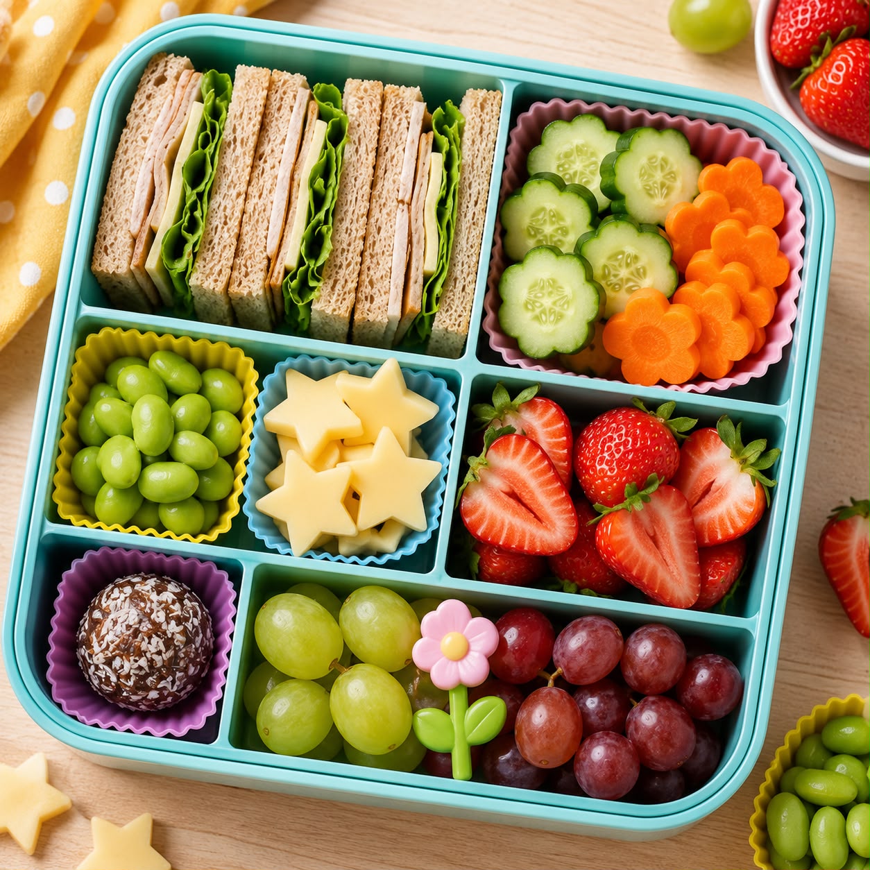 No-heat lunchbox with turkey and cheese roll-ups, cucumber rounds, cherry tomatoes, grapes, cheese, and crackers