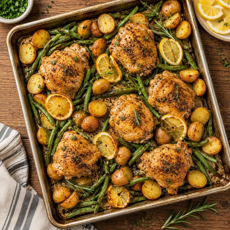 One-pan lemon herb chicken with roasted baby potatoes and green beans on a sheet pan with lemon slices and rosemary
