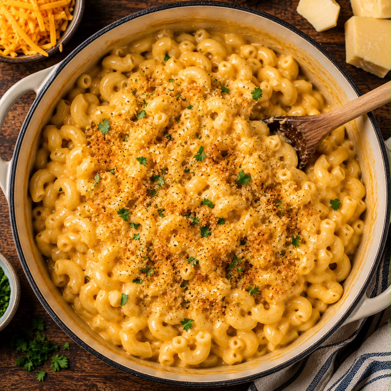 Creamy one-pot mac and cheese in a deep pot, elbow pasta in rich cheddar sauce with golden breadcrumb topping