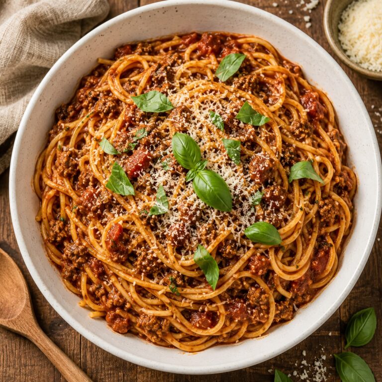 Rich spaghetti bolognese in a white bowl with meat sauce, grated Parmesan, and fresh basil leaves