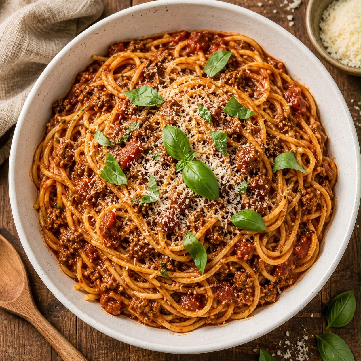 Rich spaghetti bolognese in a white bowl with meat sauce, grated Parmesan, and fresh basil leaves