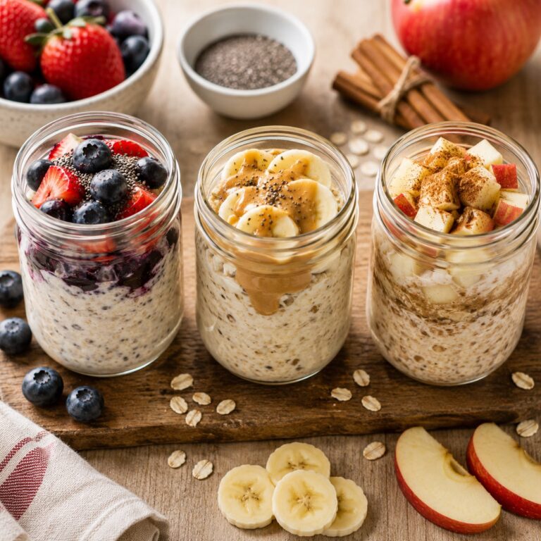 Three jars of overnight oats with different toppings: berries, banana and almond butter, and apple cinnamon
