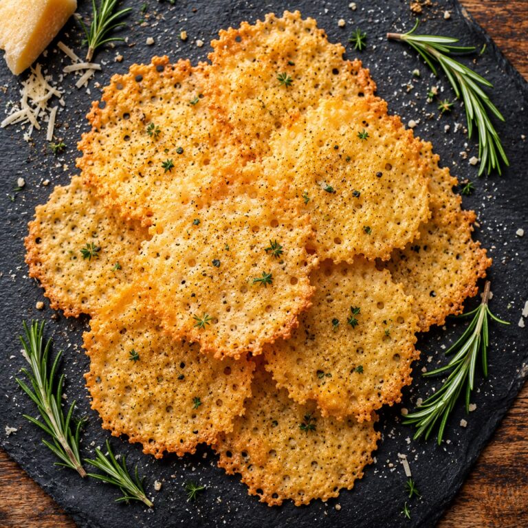 Golden parmesan crisps arranged in a stack with fresh herbs scattered on a dark slate board