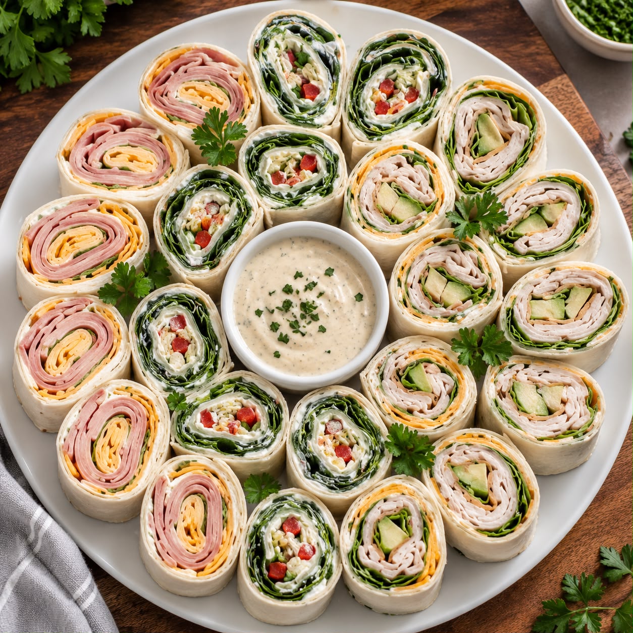 Assorted pinwheel sandwich wraps sliced into spirals, arranged on a platter showing colorful fillings of ham, cheese, spinach, and cream cheese