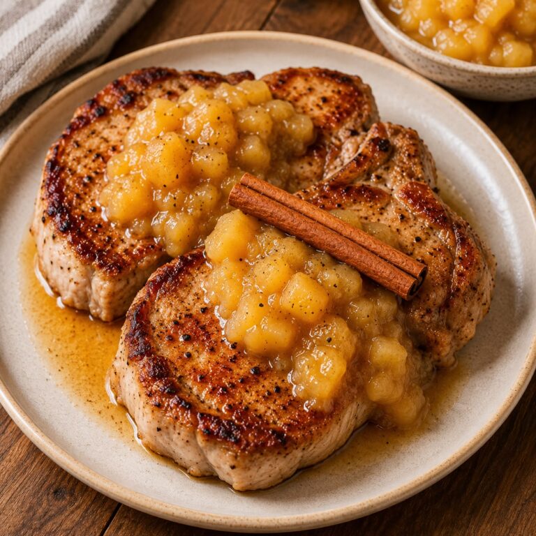 Two golden-brown pan-seared pork chops topped with chunky apple sauce and a cinnamon stick on a white plate