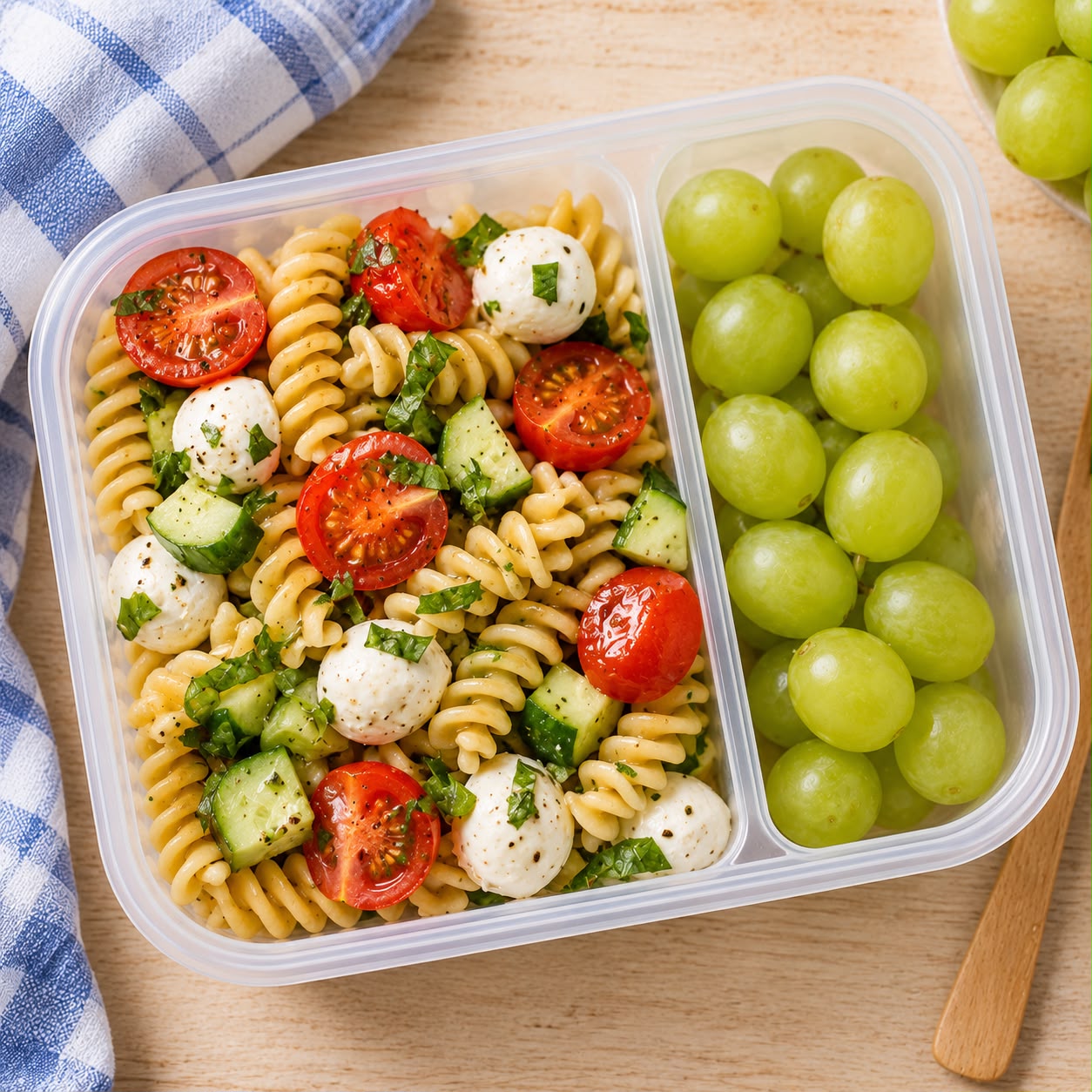 Pasta salad lunchbox with rotini pasta, cherry tomatoes, mozzarella pearls, basil, and a light vinaigrette