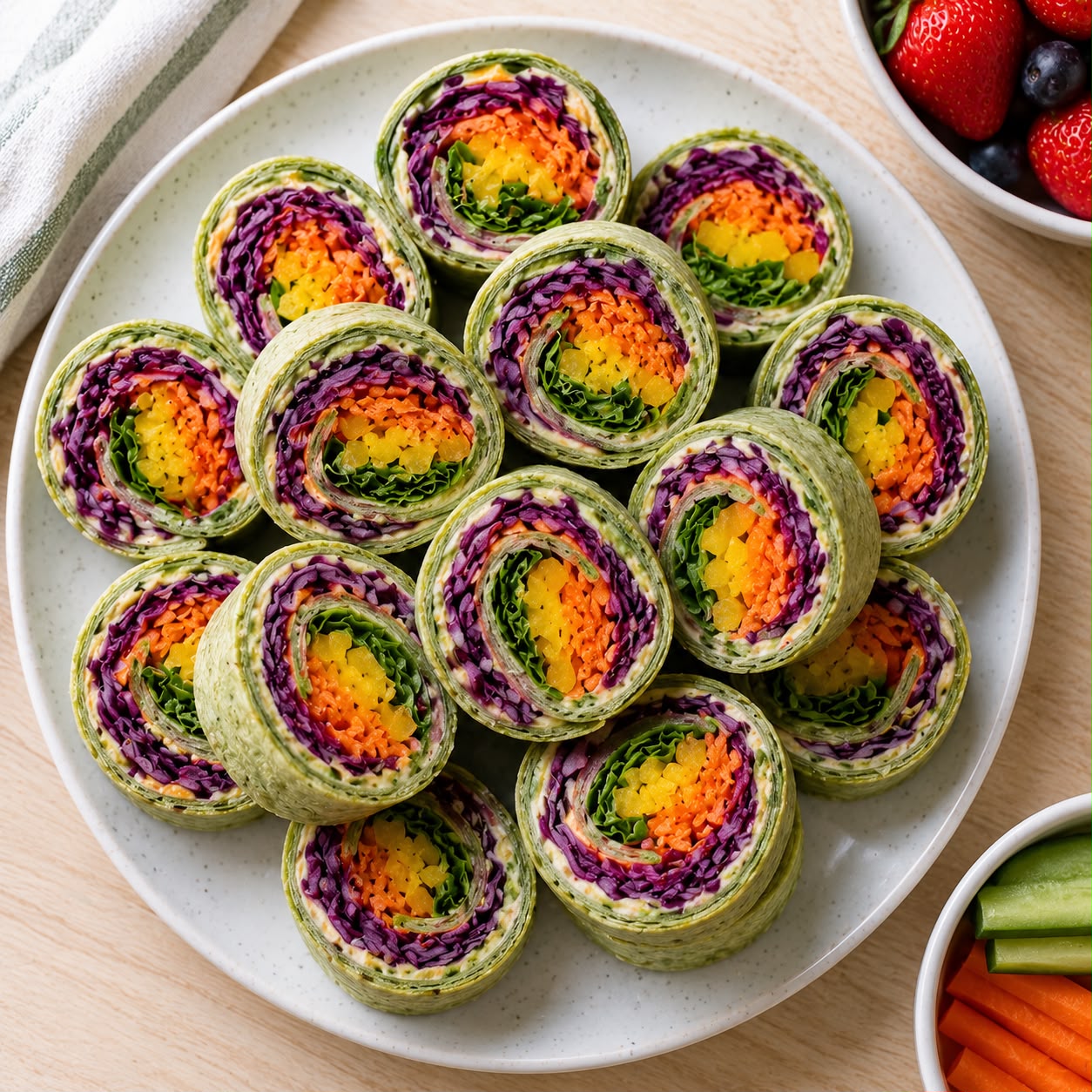 Colourful rainbow wrap pinwheels showing layers of spinach tortilla with purple cabbage, carrot, bell pepper, and lettuce