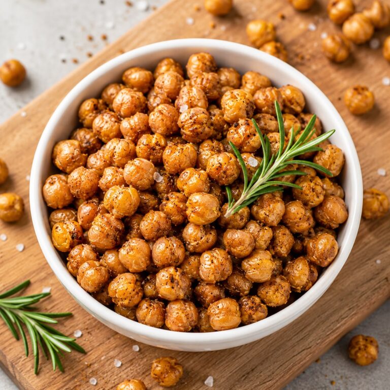 Crunchy roasted chickpeas in a small white bowl, golden and crispy with visible seasoning, a few scattered on a wooden surface