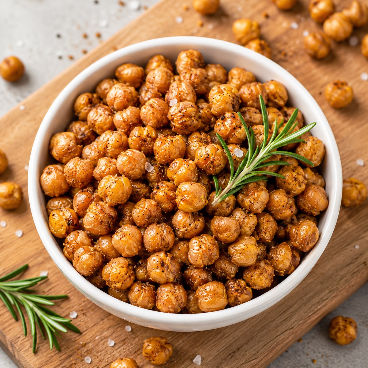 Crunchy roasted chickpeas in a small white bowl, golden and crispy with visible seasoning, a few scattered on a wooden surface