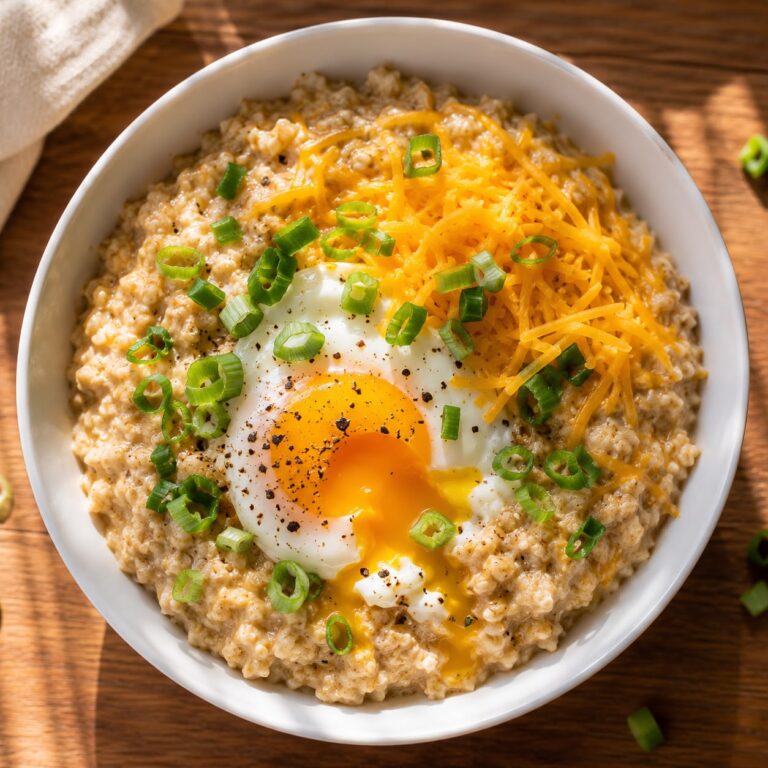 Bowl of savory oatmeal topped with a runny egg, melted cheddar cheese, sliced green onions, and black pepper