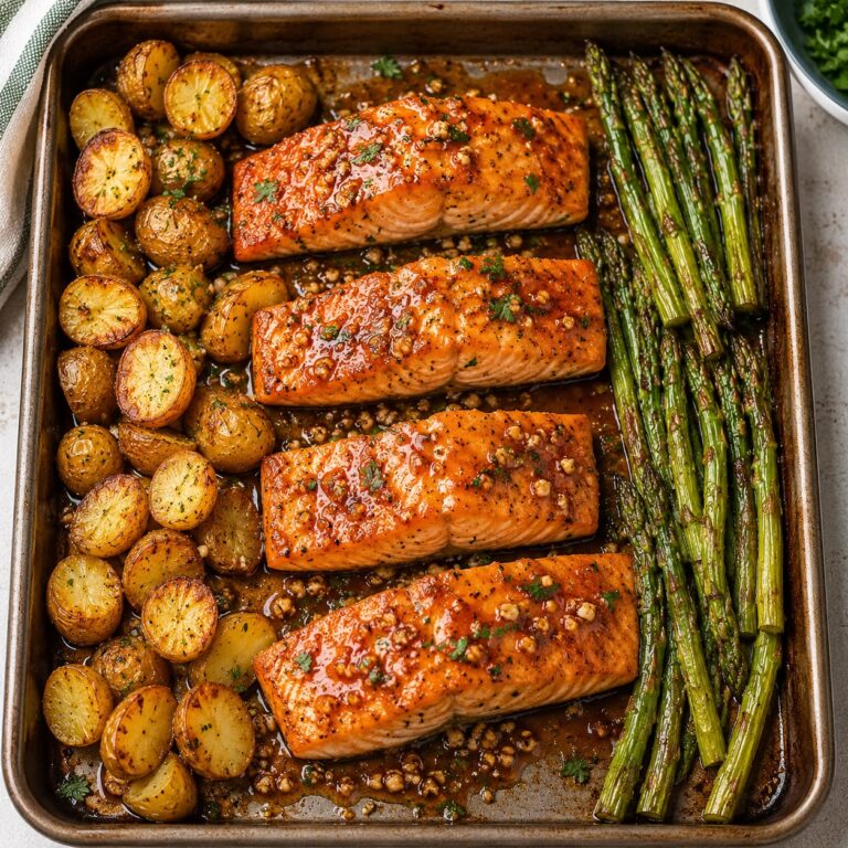 Sheet pan honey garlic salmon with glazed fillets, roasted asparagus, baby potatoes, and honey garlic sauce
