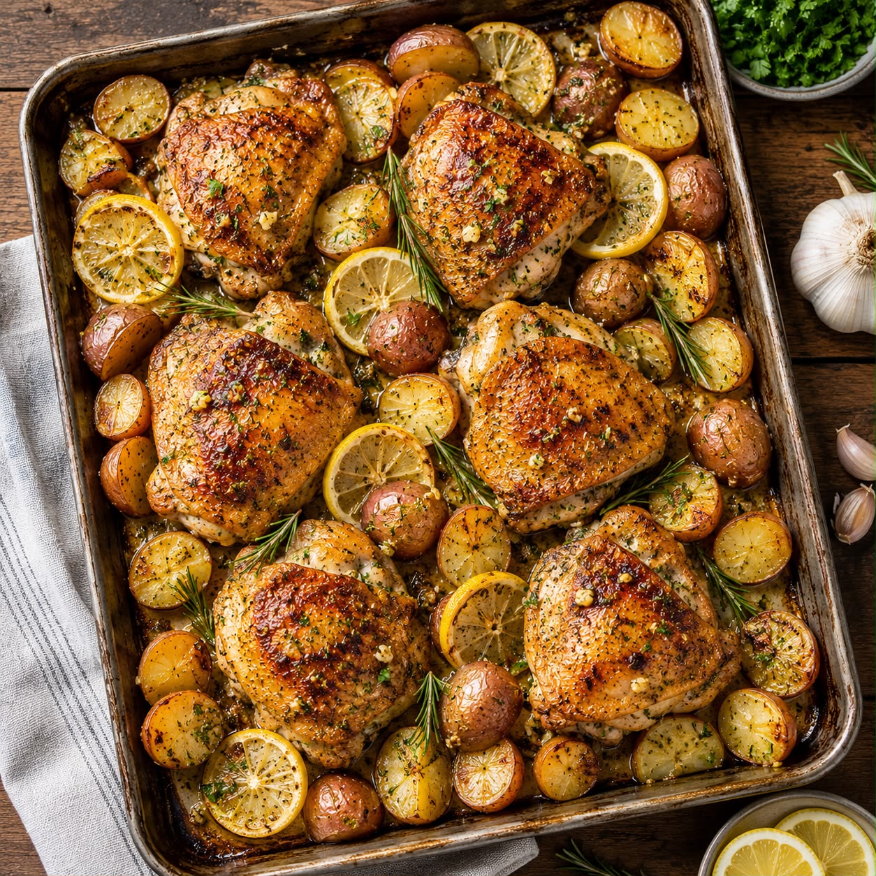 Sheet pan lemon garlic chicken and potatoes with chicken thighs, baby potatoes, and lemon slices roasted golden