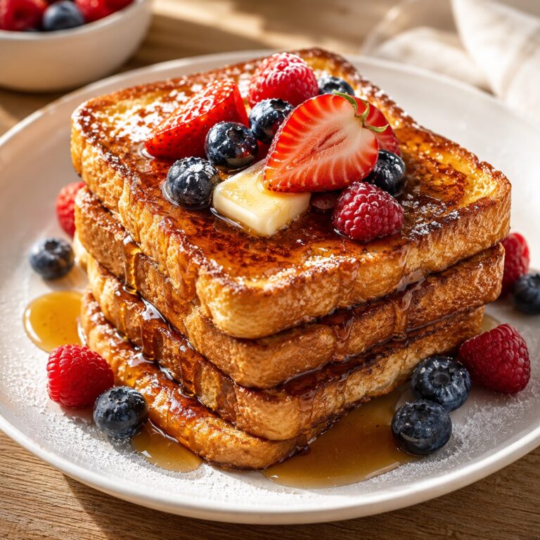 Golden brown French toast stacked on a plate, drizzled with maple syrup, topped with fresh berries and a dusting of powdered sugar