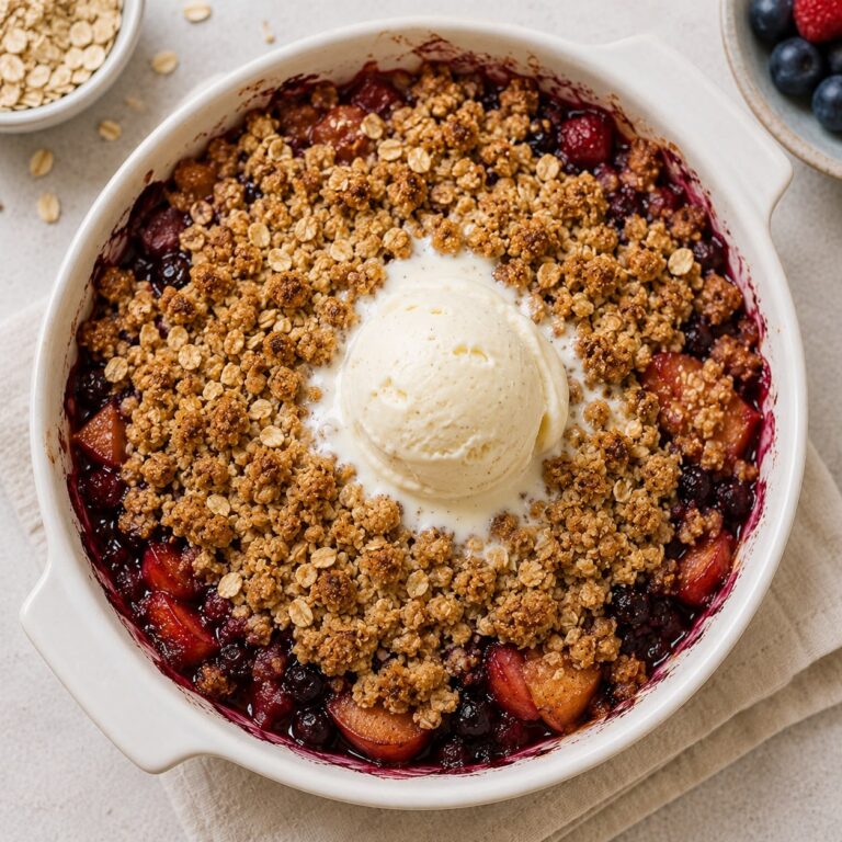 Simple fruit crumble in a baking dish with golden oat topping and melting vanilla ice cream