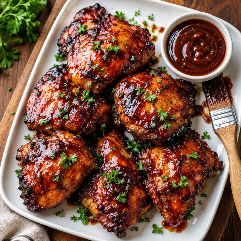 Sticky glazed BBQ chicken thighs on a serving platter, caramelized and charred at the edges, garnished with fresh parsley