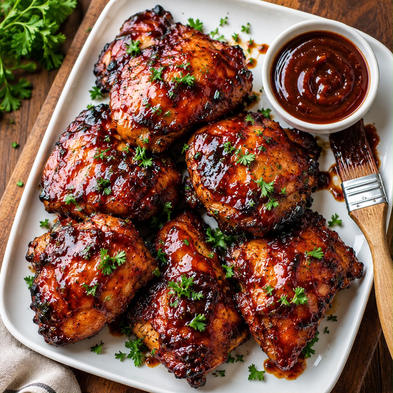 Sticky glazed BBQ chicken thighs on a serving platter, caramelized and charred at the edges, garnished with fresh parsley