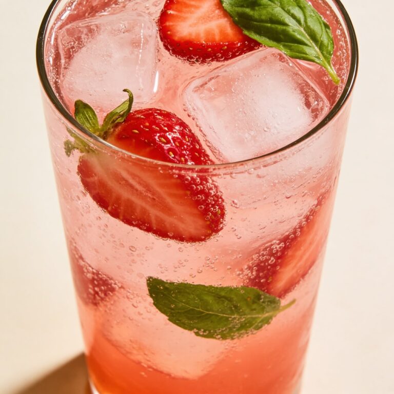Tall glass of strawberry basil spritzer with pink sparkling drink, fresh strawberries, and basil leaves