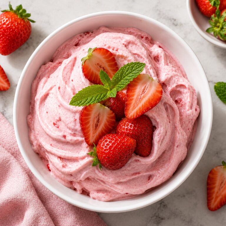 Creamy homemade strawberry frozen yogurt in a white bowl topped with fresh sliced strawberries and a sprig of mint