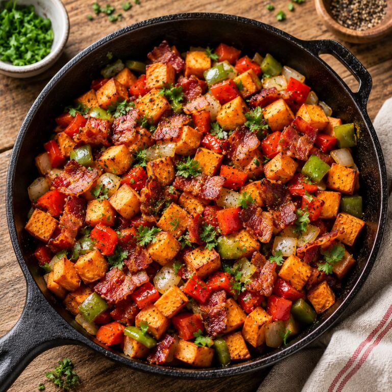 Sweet potato breakfast hash with roasted sweet potatoes, bell peppers, onions, and crispy bacon in a cast iron skillet