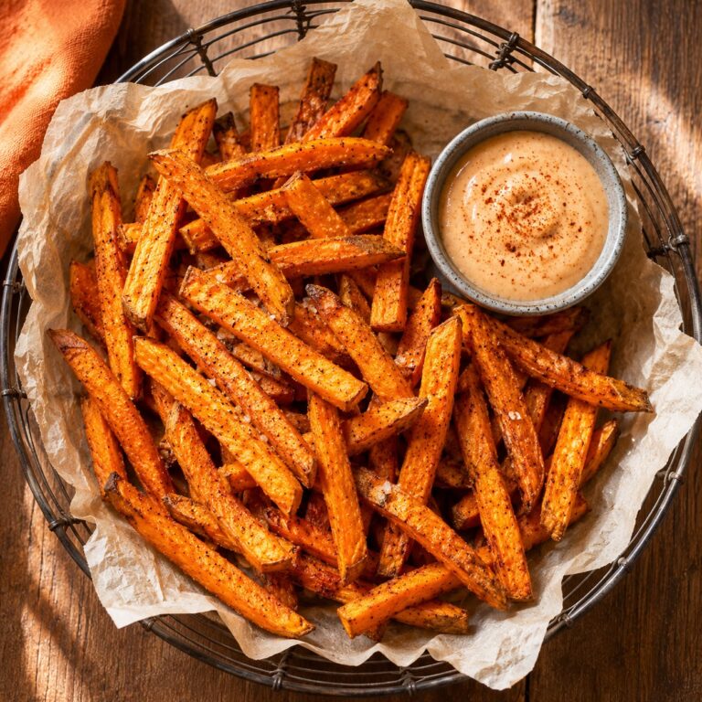 Crispy baked sweet potato fries in a wire basket with seasoning and a side of dipping sauce