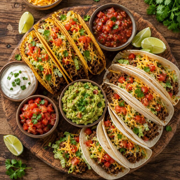 Colourful taco night platter with seasoned ground beef, diced tomatoes, shredded lettuce, grated cheese, and sour cream in hard and soft tortilla shells on a rustic wooden board