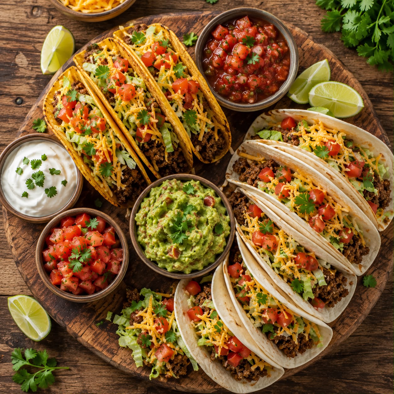 Colourful taco night platter with seasoned ground beef, diced tomatoes, shredded lettuce, grated cheese, and sour cream in hard and soft tortilla shells on a rustic wooden board