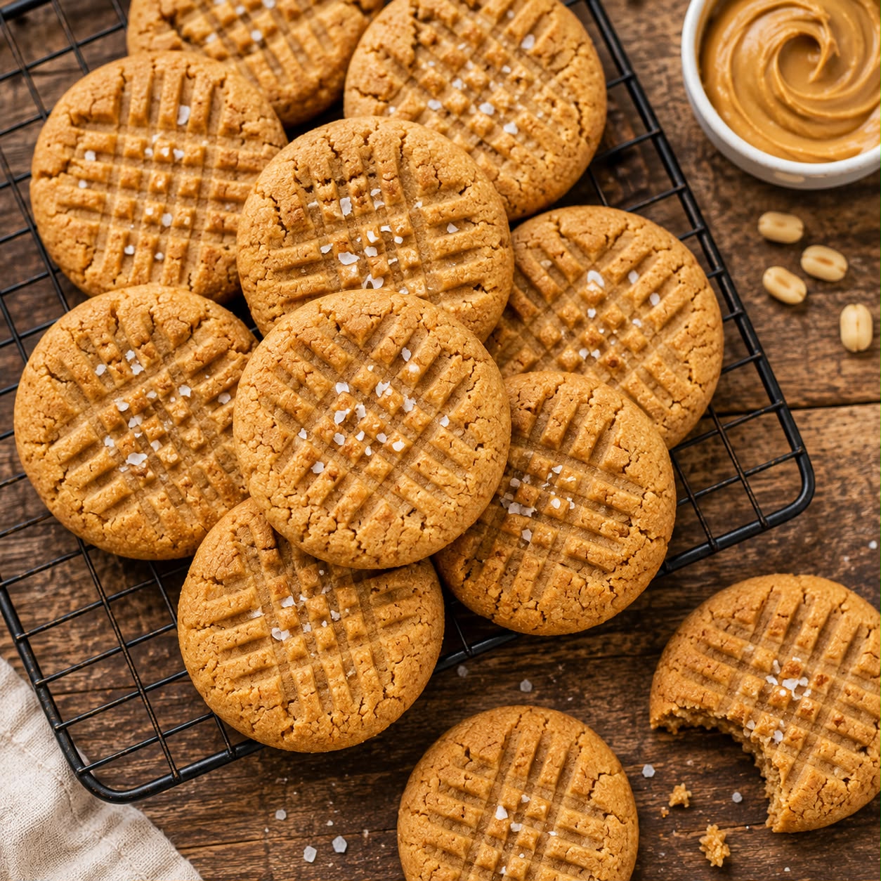 Golden three-ingredient peanut butter cookies with crisscross fork marks and flaky sea salt on a cooling rack
