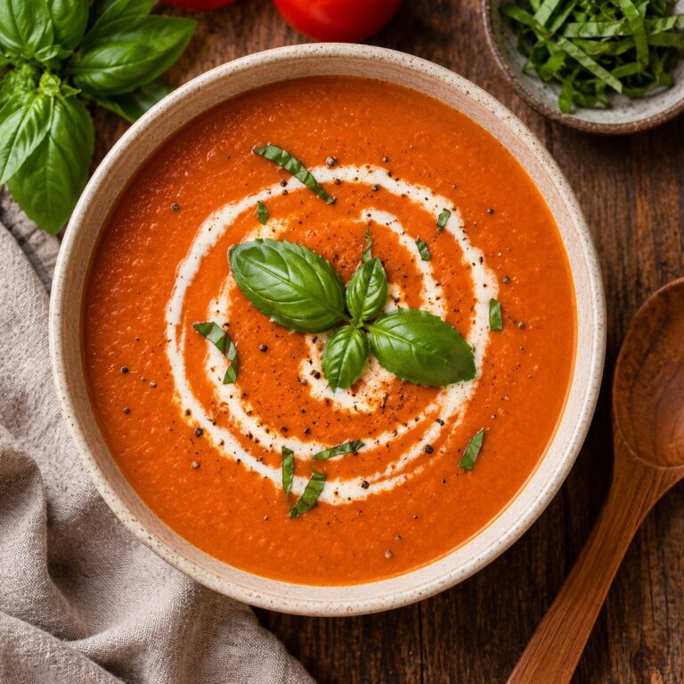 Bowl of creamy tomato basil soup garnished with fresh basil leaves and a swirl of cream