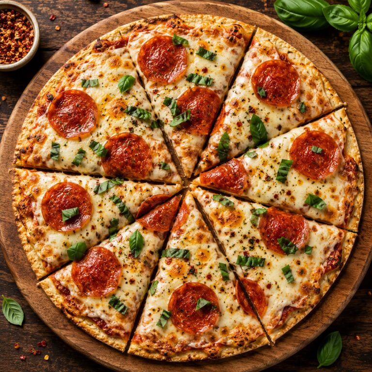Crispy tortilla pizza on a wooden board with melted mozzarella, pepperoni, and fresh basil cut into slices